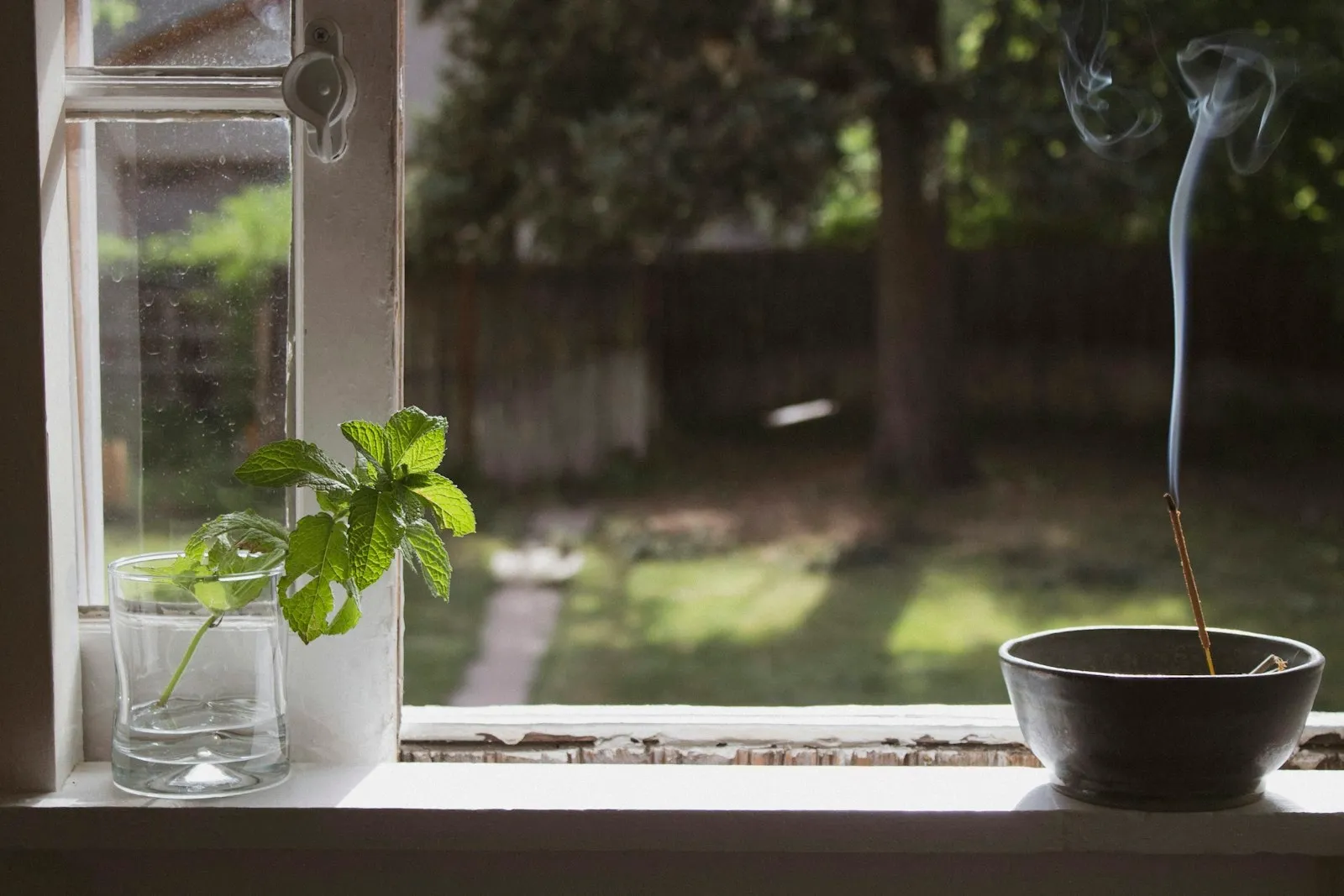 Incense burning in a clay bowl on a sunlit windowsill beside a sprig of mint
